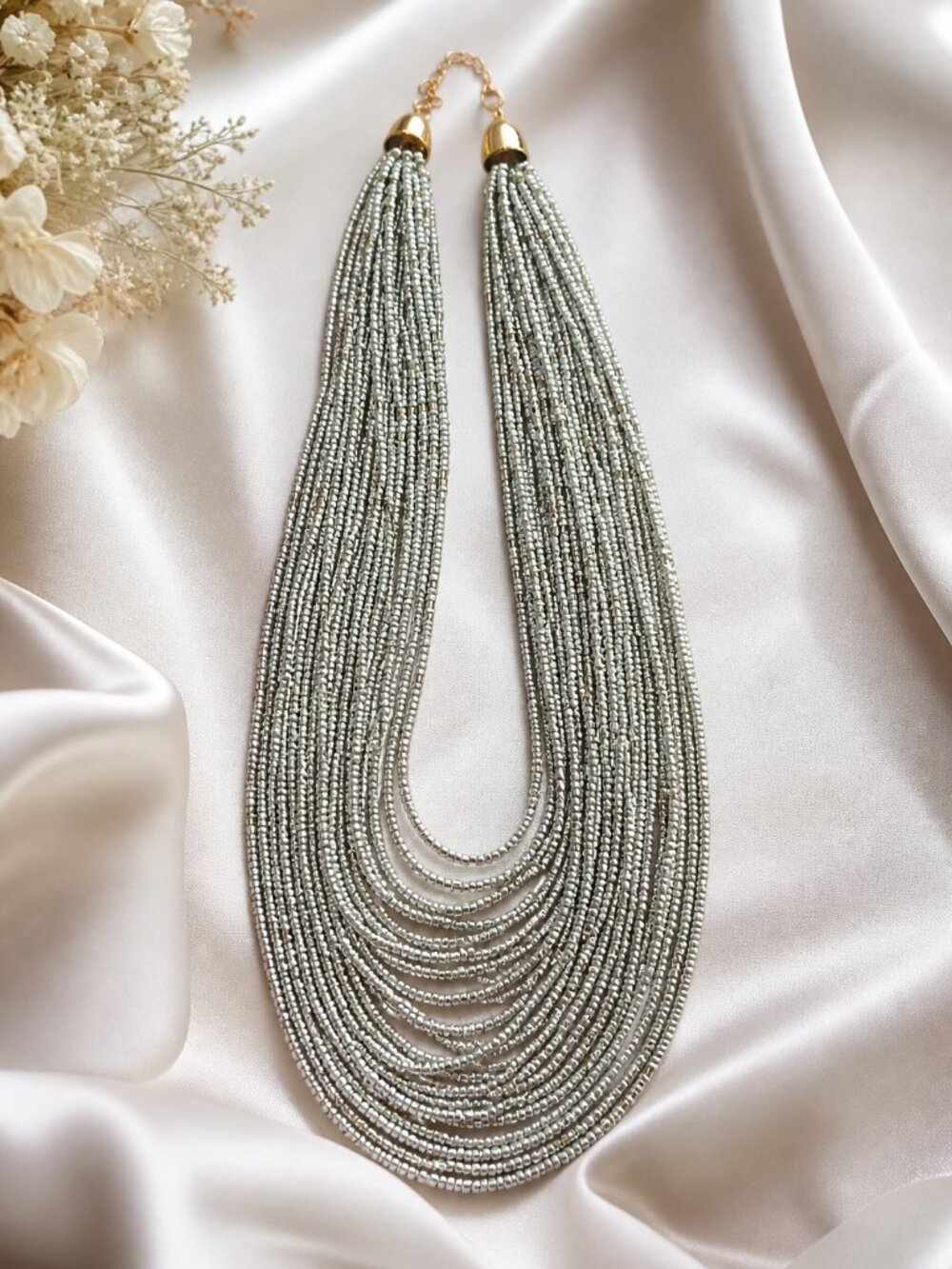 Multi-Strand Statement Necklace Silver Tone Bib Style 18” + Ext NWOT